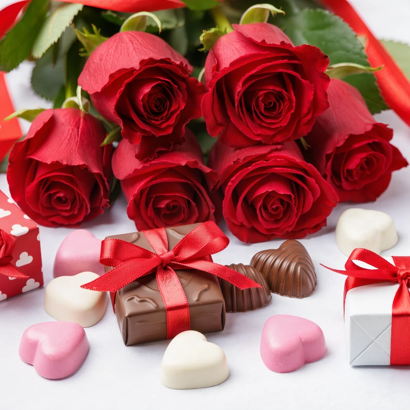 شوكولاتة وسط بوكيه ورد جوري أحمر هدايا الفلنتاين هدايا عيد الحب